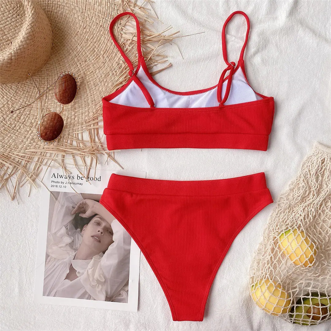 Colourful Ribbed Female Swimsuit High Waist Bikini Women Swimwear Two-piece Bikini set Bather Bathing Suit Swim Lady