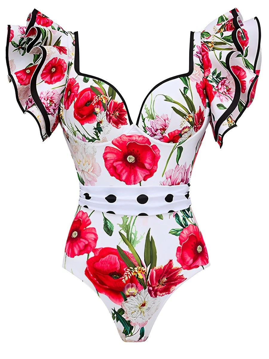 Ruffle Push Up Swimwear Women One Piece Floral Swimsuit Vintage Bather Bathing Swimming Swim Suit Beachwear Summer Bodysuit