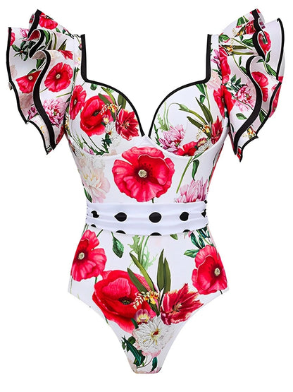 Ruffle Push Up Swimwear Women One Piece Floral Swimsuit Vintage Bather Bathing Swimming Swim Suit Beachwear Summer Bodysuit