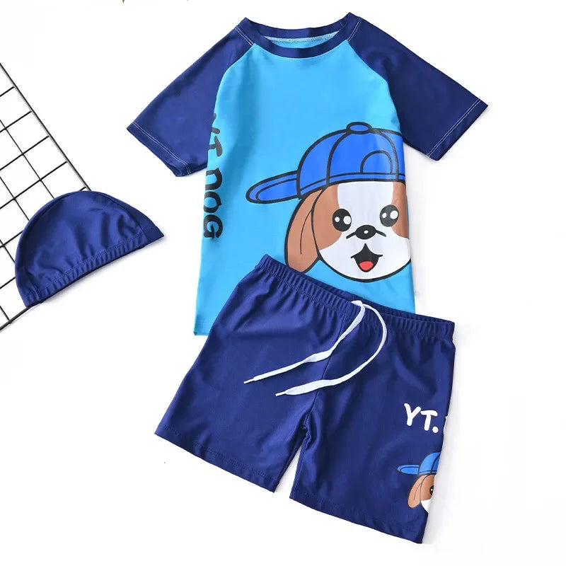 Children's Swimming Suit Teenage Boys' Swimsuits with Cap Cartoon Dog Sun Protection Short Sleeved Sports Swimwear Kids