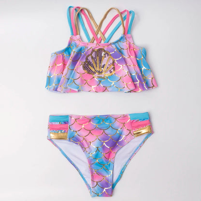 3-8 Years Shell Kids Girls Bikinis Set Children Falbala Swimwear Swimsuit Rainbow Kid Girl Bathing Suit