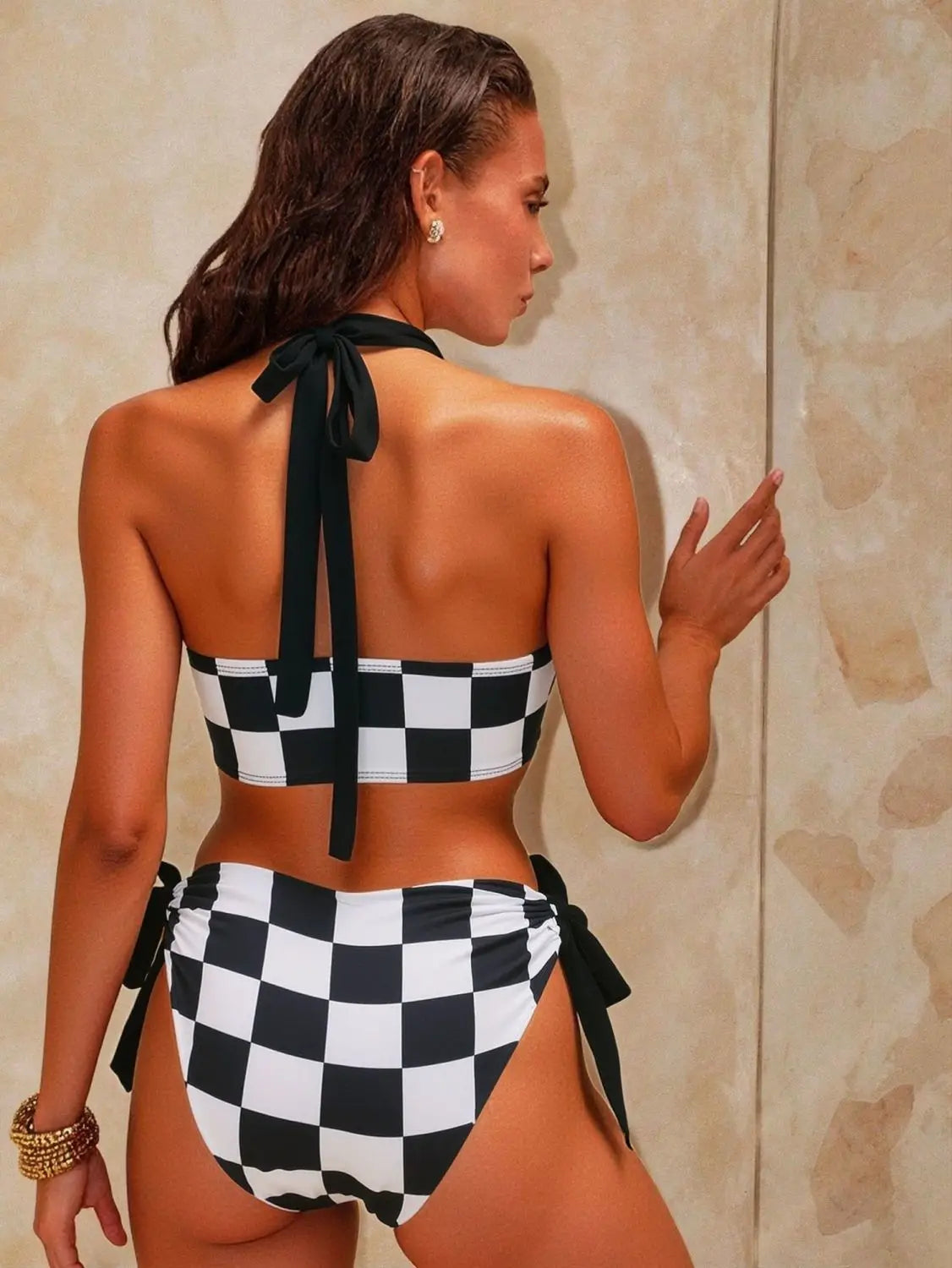 High Waist Two Piece Swimsuit Black And White Grids Women's Bikini Swimwear with Rope Hanging Neck Cross-Border