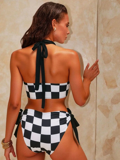 High Waist Two Piece Swimsuit Black And White Grids Women's Bikini Swimwear with Rope Hanging Neck Cross-Border