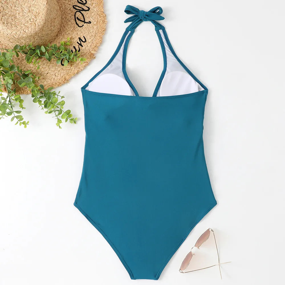 S - XXL Wrinkled Halter V Neck One Piece Swimsuit Women Swimwear Female Monokini Backless Bathing Suit Swim Beachwear Bodysuit