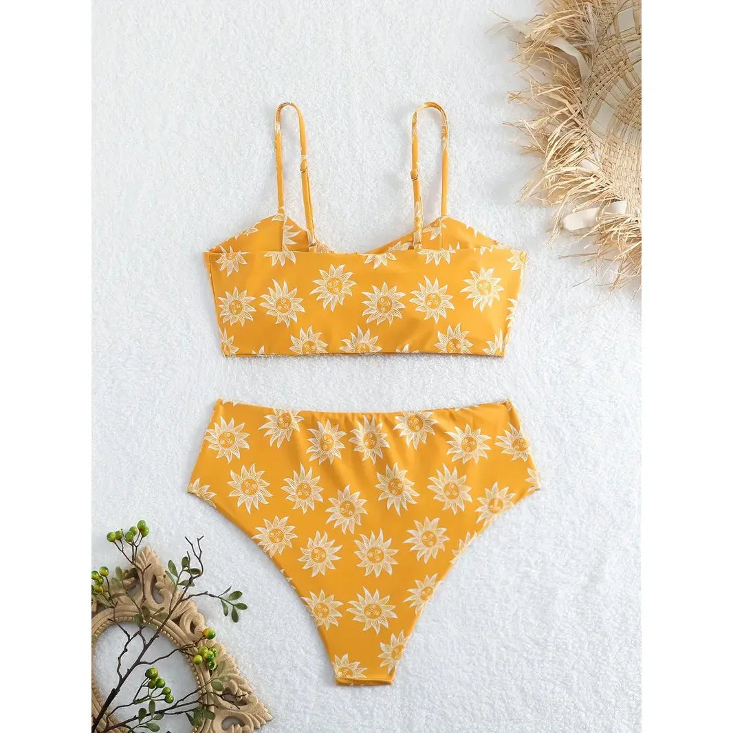 Solid Yellow Bikini High Cut Flower Women's Swimsuit Separate Beach Bathing Suit High Waist Swimwear