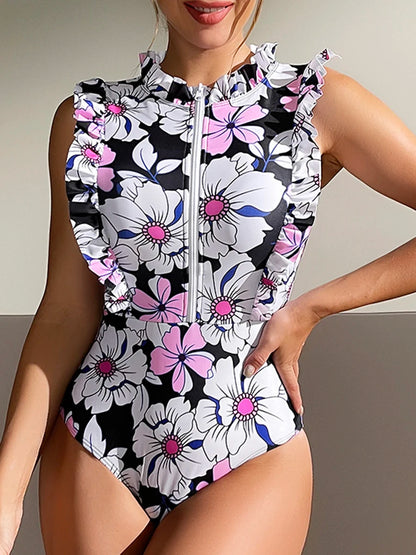 Ruffle Swimwear Women Zipper Sleeveless Swimsuit One Piece Floral Bodysuit Bathers Bathing Swimming Suit Sports Beachwear