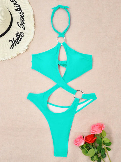 Tummy Cut Out Halter Women Thong Swimwear One Piece Swimsuit Female High Cut Monokini Rings Bathing Suit Swim Beach Wear
