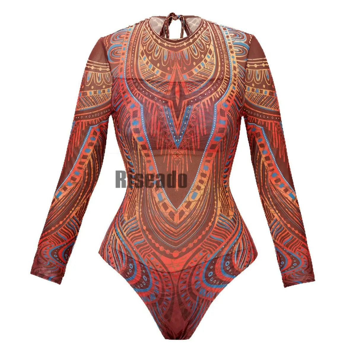 Womens Long Sleeve Mesh Rash Guard UV UPF 50+ Sun Protection Printed  High Waist Surfing One Piece Swimsuit Bathing Suit