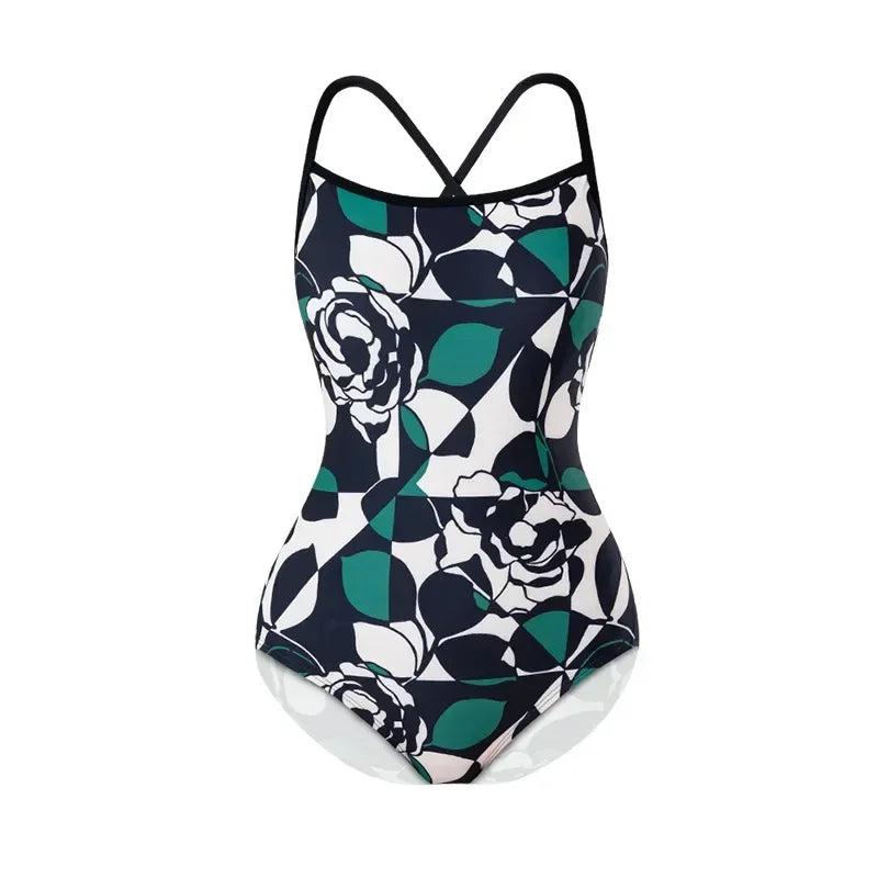 Women Vintage Racing One-piece Swimwear Sun Protection Professional Competition Flower Printed Swimsuit Training Bikini