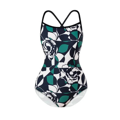 Women Vintage Racing One-piece Swimwear Sun Protection Professional Competition Flower Printed Swimsuit Training Bikini