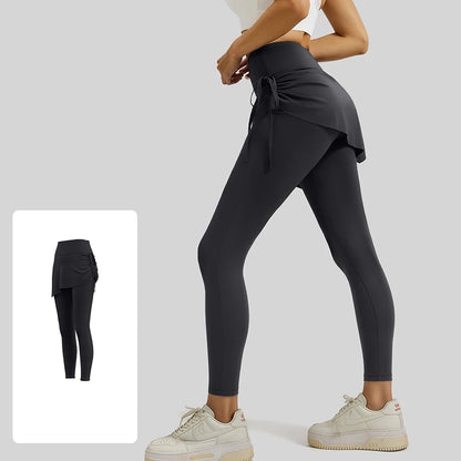 Spring Drawstring Pleated Yoga Leggings Skirt Pants Fake Two Piece Women High Waist Elastic Sports Fitness Leggings
