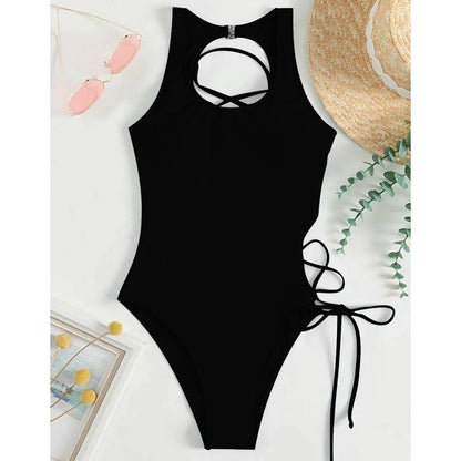 Solid High Cut Swimwear Women Backless Cross Hollow Tied One Piece Swimsuit Monokini Beach Bathing Suit