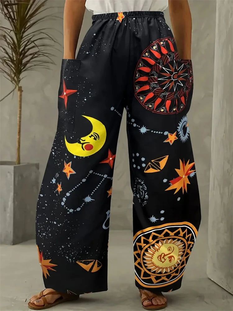 Simple Star And Moon Abstract Sun Print Pants Fashionable European And American Ladies Wide-leg Pants Delicate And Elegant Pants