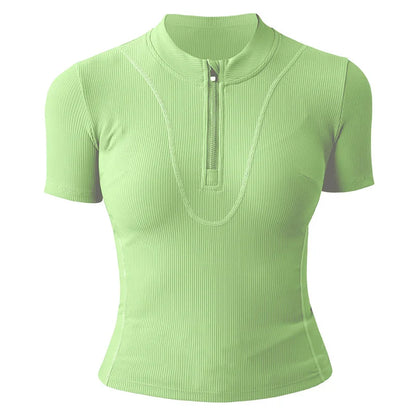 Aiithuug Women Slim Fit Gym Shirts Half Zip Workout Tops Quarter Zip Fitness Shirt Running Quicky Dry Short Sleeve Yoga Tops