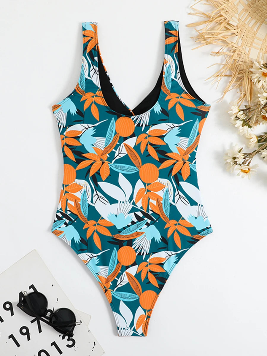Tropical Print Swimsuit One Piece Knot Side Belted Swimwear Women Padded Bathing Suit Female Swimming Summer Beachwear