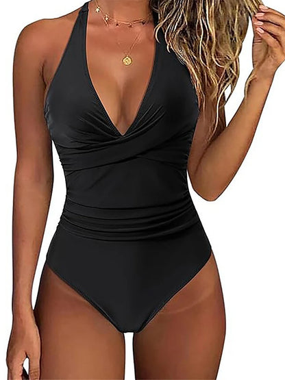 Halter Swimsuit Women One Piece Printed Cross Smocked Swimwear Female Bodysuit Bathing Swimming Suit Padded Beachwear