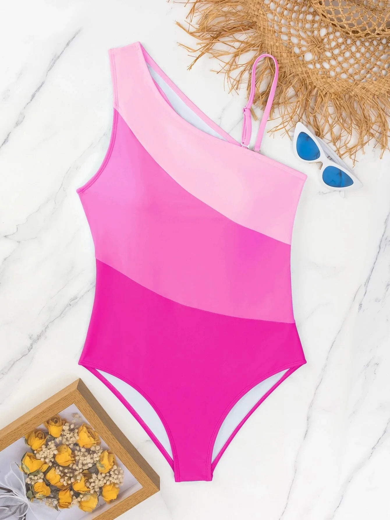 Colorblock Cut Out One Shoulder Swimsuit One Piece Swimwear Women Bather Bathing Swimming Swim Suit Female Beachwear