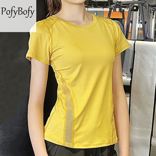 Quick Dry Breathable Mesh Splicing Slim Fit Reflective Strip Back Elastic Women Short Sleeve Sport T-shirt Yoga Gym Top