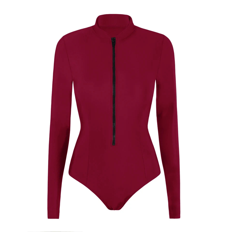 Rash Guard Swimsuit Women With Zipper Solid Long Sleeve Surfing Swimwear Female Bather Bathing Swimming Suit Beachwear