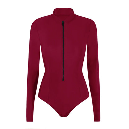 Rash Guard Swimsuit Women With Zipper Solid Long Sleeve Surfing Swimwear Female Bather Bathing Swimming Suit Beachwear