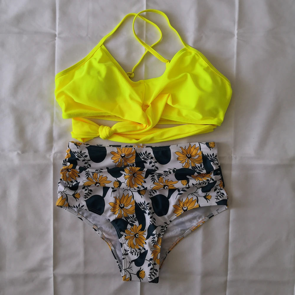 Bikini Two Piece Suit Cross Front Slim High Waisted Bottom Solid/Print Breathable Quick Drying Beachwear