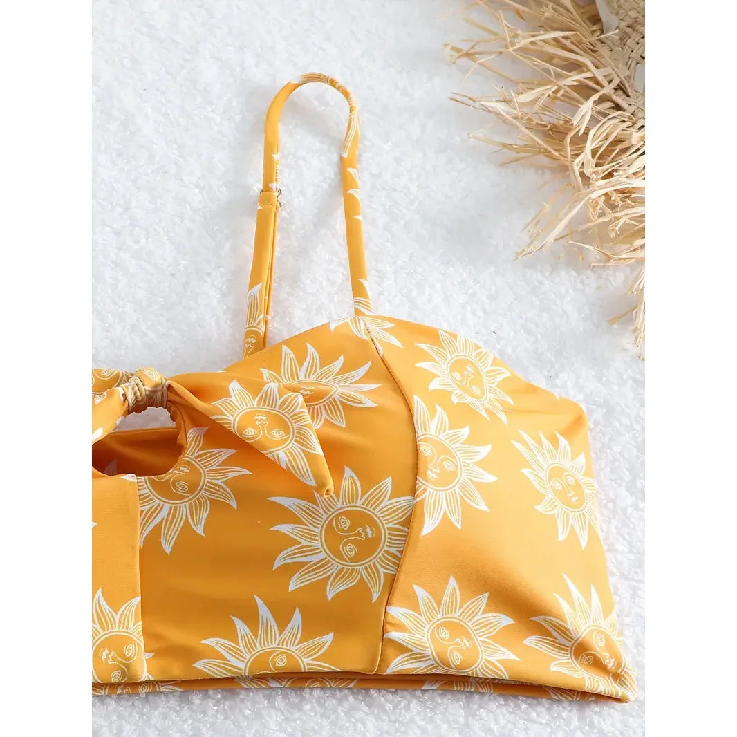 Solid Yellow Bikini High Cut Flower Women's Swimsuit Separate Beach Bathing Suit High Waist Swimwear