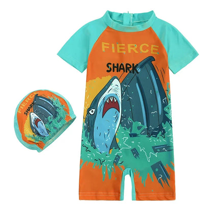 Baby Boys Girls 2pcs Summer Beach Swimwear Print Cartoon Cap+Bodysuit Infant Suit Outfit Bathing Swimsuit