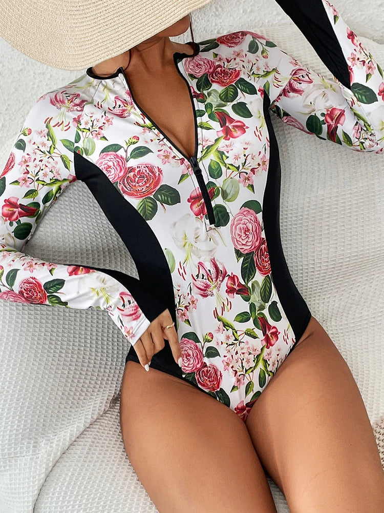 Printed Rash Guards Women Long Sleeve Spliced Bodysuit Vintage Classic Fashion Beachwear Summer Bathing Suit Bathers