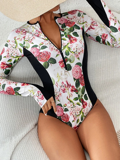 Printed Rash Guards Women Long Sleeve Spliced Bodysuit Vintage Classic Fashion Beachwear Summer Bathing Suit Bathers
