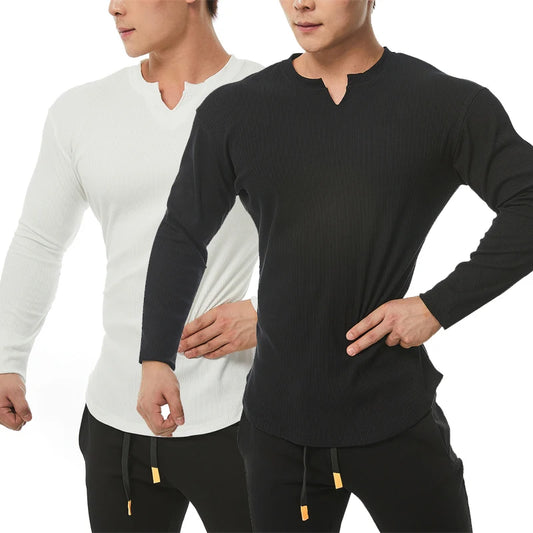 Fashion Casual Compression Shirt Large Sports Workout T-shirt Men's Elastic Long Sleeve Autumn V-Neck Gym