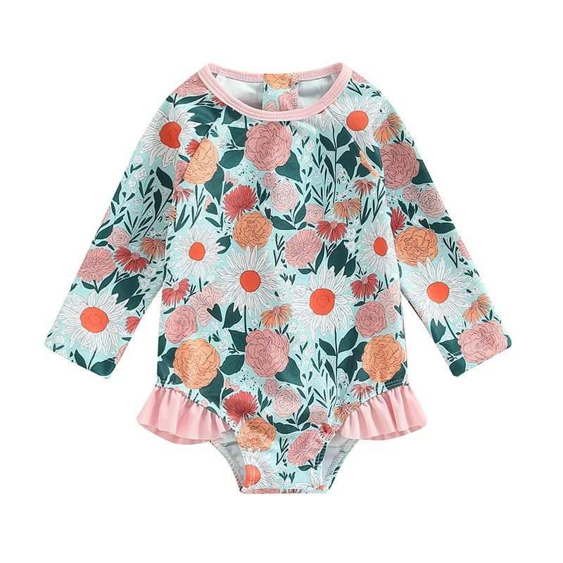 0-4Y Toddler Baby Girl Swimsuit Romper 4 Colors Flower Print Long Sleeve Ruffle Bikini Bathing Suit