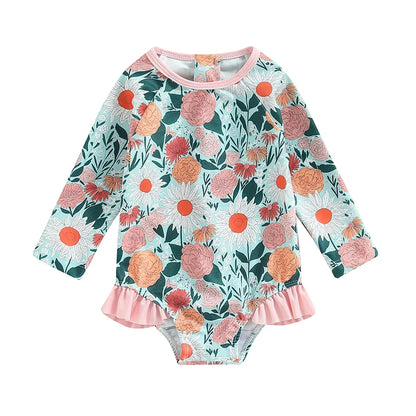 0-4Y Toddler Baby Girl Swimsuit Romper 4 Colors Flower Print Long Sleeve Ruffle Bikini Bathing Suit