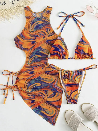 Tie Dye Swimsuit Women Lace Up Bikini Suit Hollow Out Block Color Bathing Suit Three-pieces Swimwear Beachwear