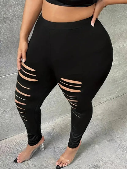 GIBSIE Plus Size Fashion Black Ripped Leggings For Women Spring Summer Street Casual Mid Waisted Stretch Slim Pencil Pants