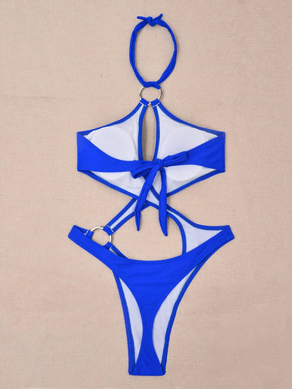 Tummy Cut Out Halter Women Thong Swimwear One Piece Swimsuit Female High Cut Monokini Rings Bathing Suit Swim Beach Wear