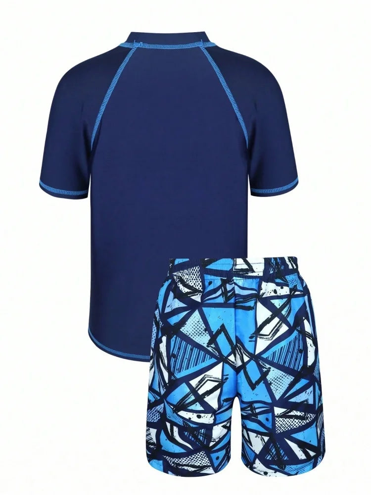 Boys' Blue Geometric Short-Sleeve Rash Guard & Shorts Set