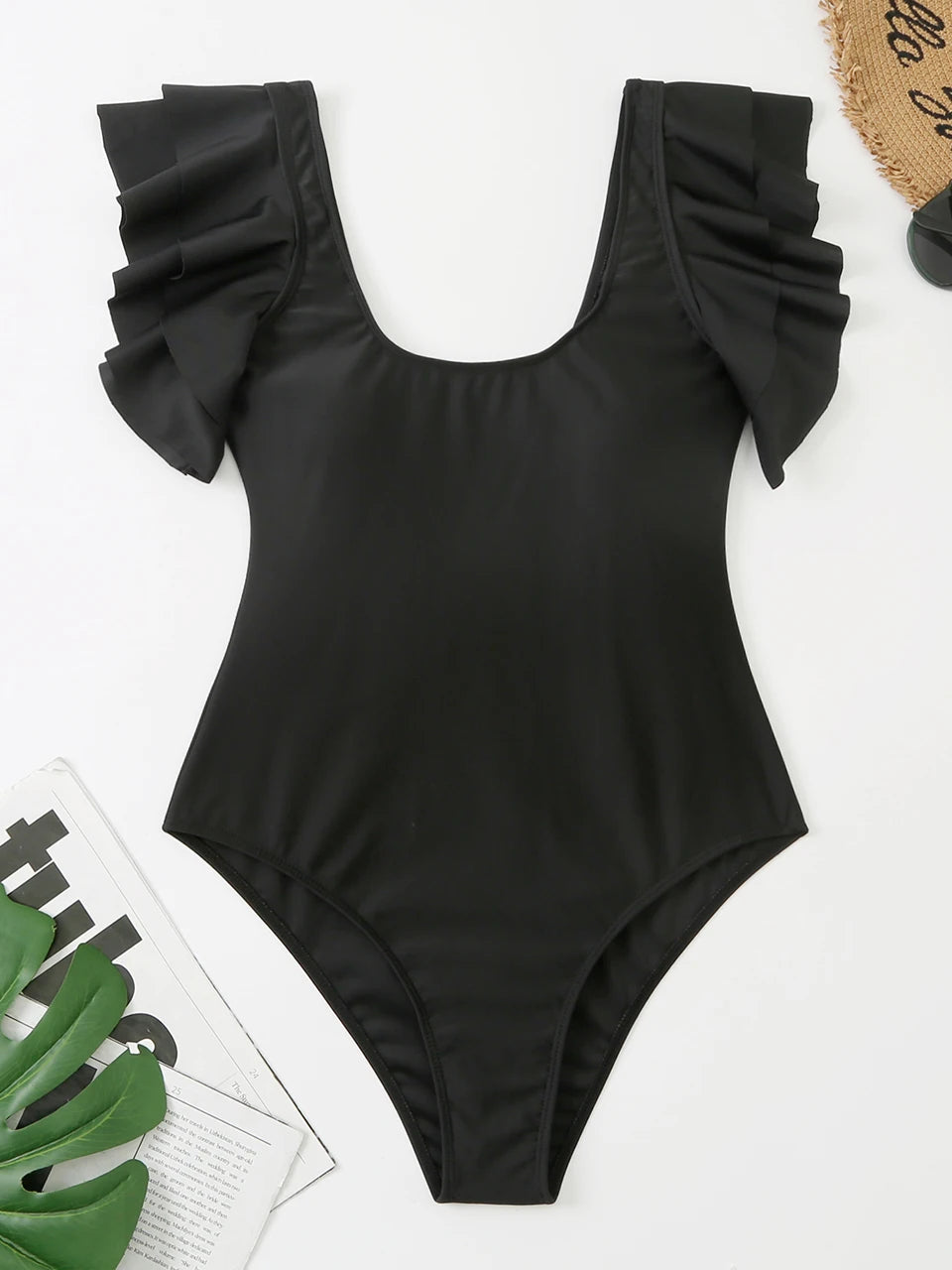 One Piece Ruffle Bodysuit Women Solid Deep V-Neck Swimwear Female Padded Swimsuit Bathing Swimming Summer Beachwear