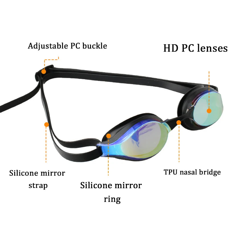 Professional competition goggles, electroplating, anti haze, waterproof, UV resistant, silicone, diving goggles, racing goggles.