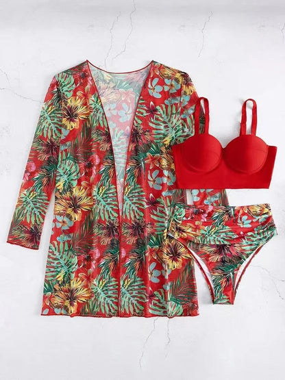 3 Piece Bikini Set Women Cover Up Swimwear Female Tropical Printed Swimsuit Push Up Beachwear Long Sleeve Bathing Suit