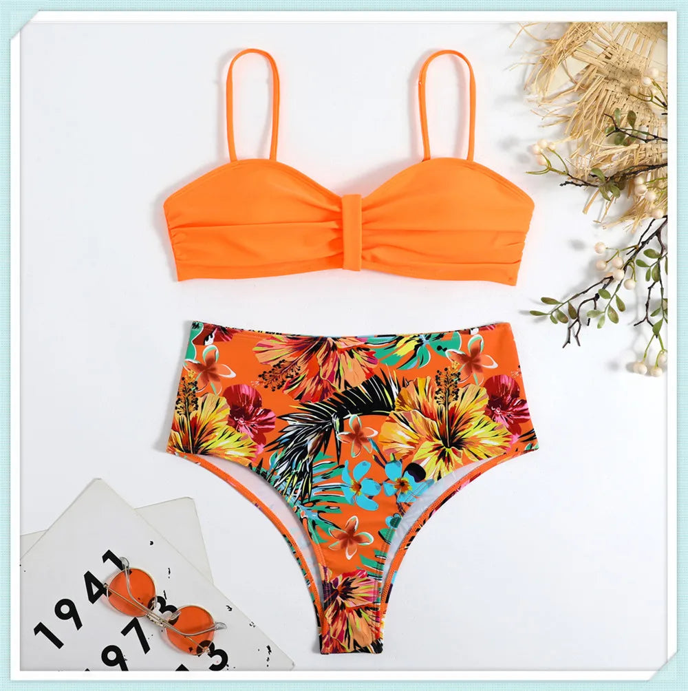 Solid Bandeau Bikini Set Women Tropical Printed Swimwear Female Push Up Swimsuit High Waist Bathing Suit Tie Back Beachwear