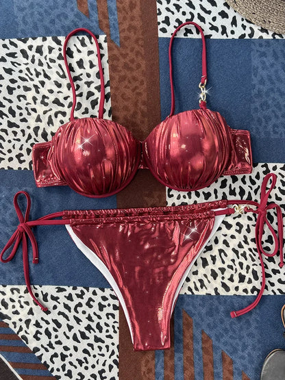 Shiny PU Leather Underwired Bra Cup Bikini Women Swimwear Female Swimsuit Two-pieces Bikini Set Push Up Bathing Suit Swim Lady