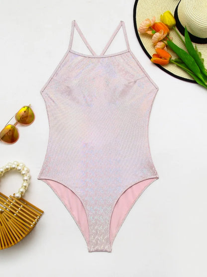 Shining Printed One Piece Strappy Swimsuit Women Cross Backless Swimwear Bodysuit Bathers Bathing Swimming Suit Beachwear