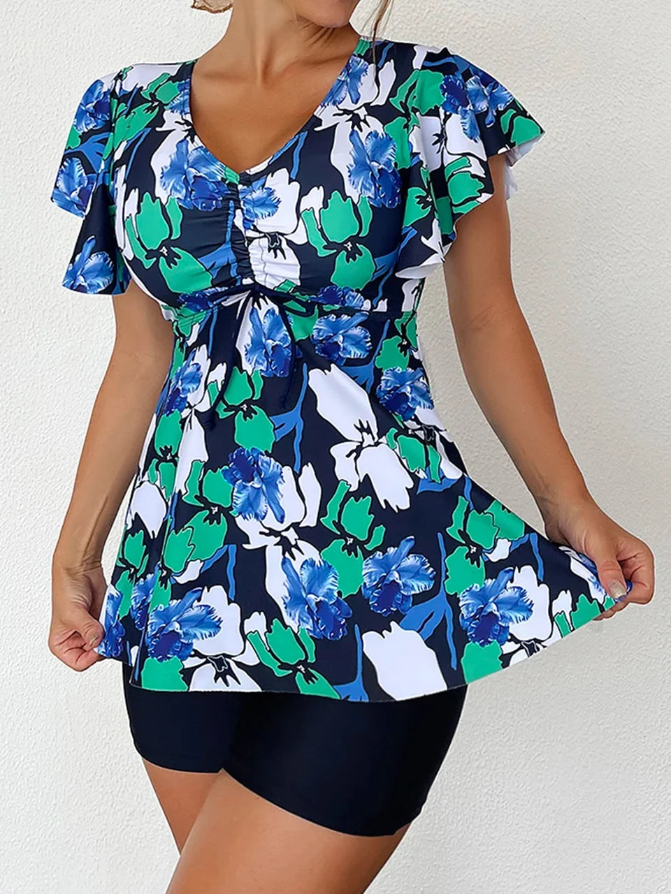Drawstring Front Tankini Set Skirt Women High Waist Swimsuit Summer Beachwear Female Bathers Bathing Swimming Swim Suit