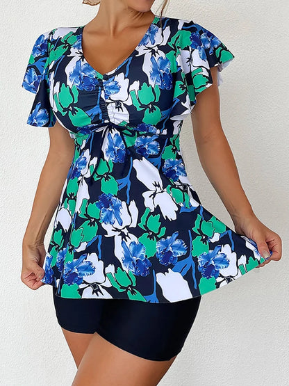 Drawstring Front Tankini Set Skirt Women High Waist Swimsuit Summer Beachwear Female Bathers Bathing Swimming Swim Suit