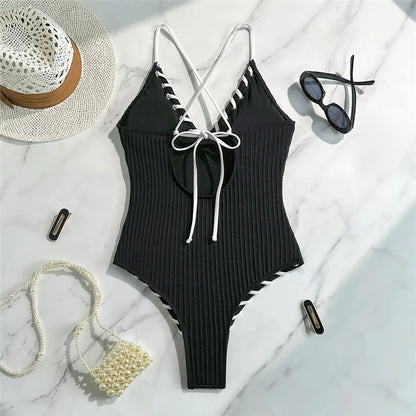 5 Colors V Neck Ribbed Cross Back One Piece Swimsuit Women Swimwear Female High Leg Cut Monokini  Bather Bathing Suit Swim