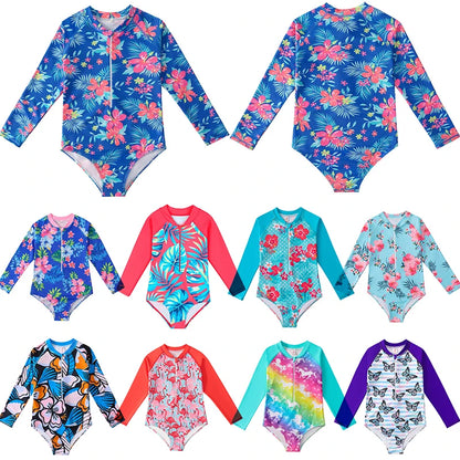 European And American Style Girls One-piece Swimsuit 4-12Years Kids Long Sleeves Broken Flowers Print Bathing Suit