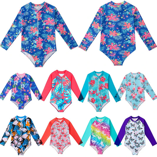 European And American Style Girls One-piece Swimsuit 4-12Years Kids Long Sleeves Broken Flowers Print Bathing Suit