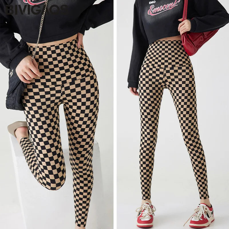 Checkerboard Plaid Shark Leggings Women High Waist Tight Slim Push Up Leggings Seamless Sports Fitness Leggings