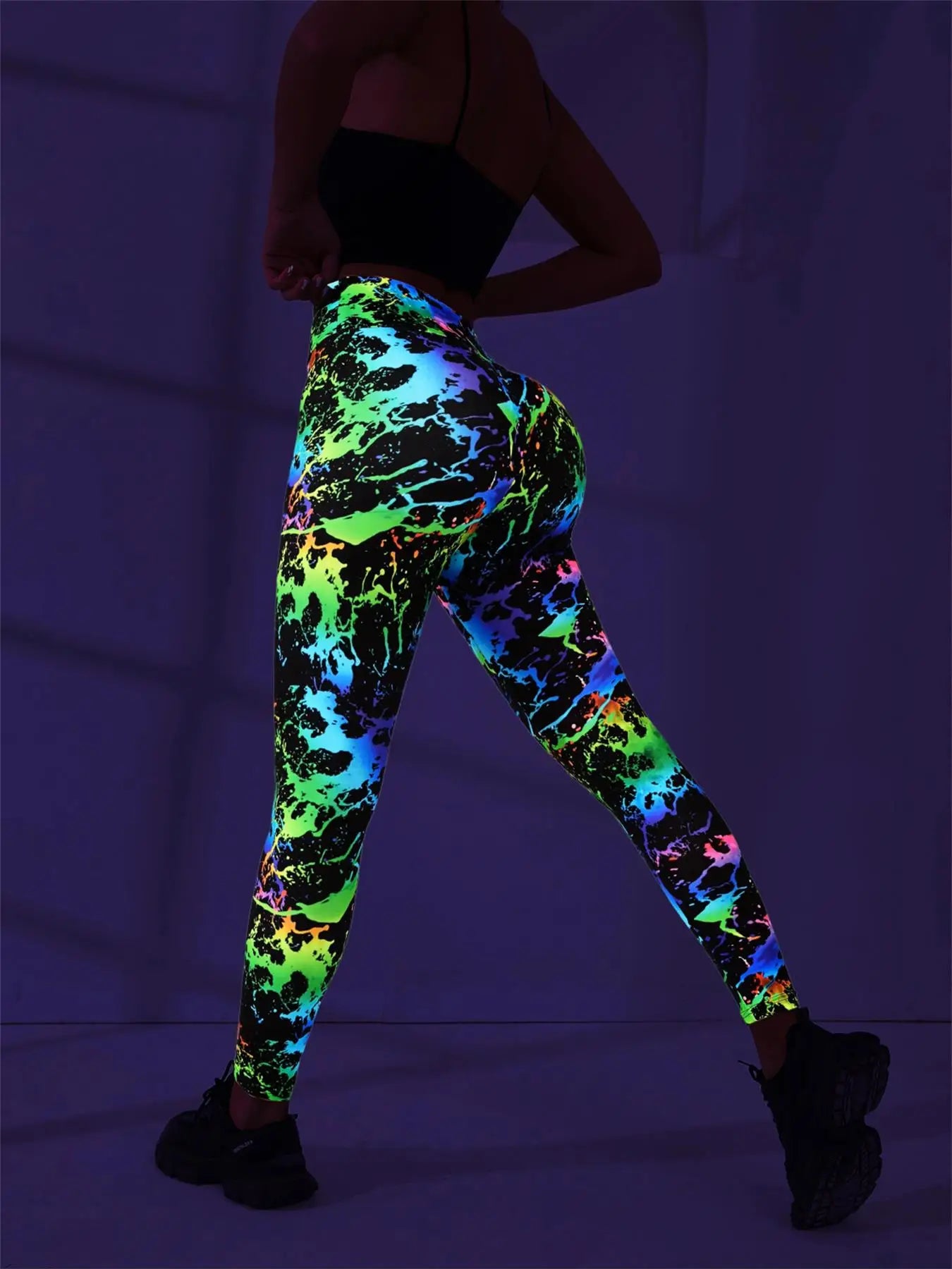 high-waisted, hip-lifting digital printed yoga pants, women's sports and fitness fluorescent hip-lifting tight pants