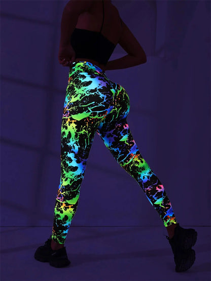 high-waisted, hip-lifting digital printed yoga pants, women's sports and fitness fluorescent hip-lifting tight pants